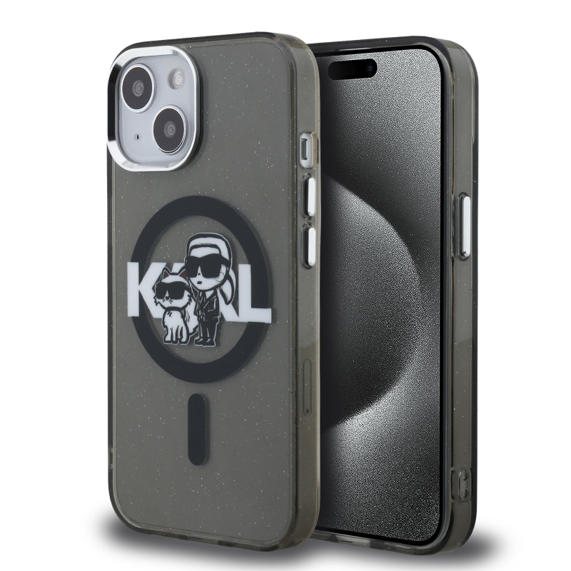 Karl Lagerfeld IML Glitter Karl és Choupette Sketch MagSafe hátlapi borító iPhone 15-hez Fekete