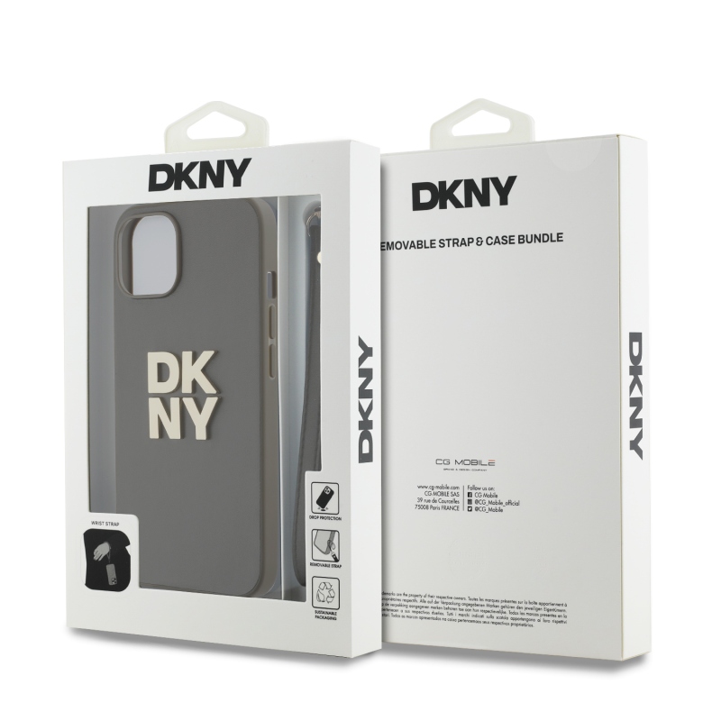 DKNY PU bőr Stack Logo csuklópánt hátlapi borító iPhone 14-hez Barna
