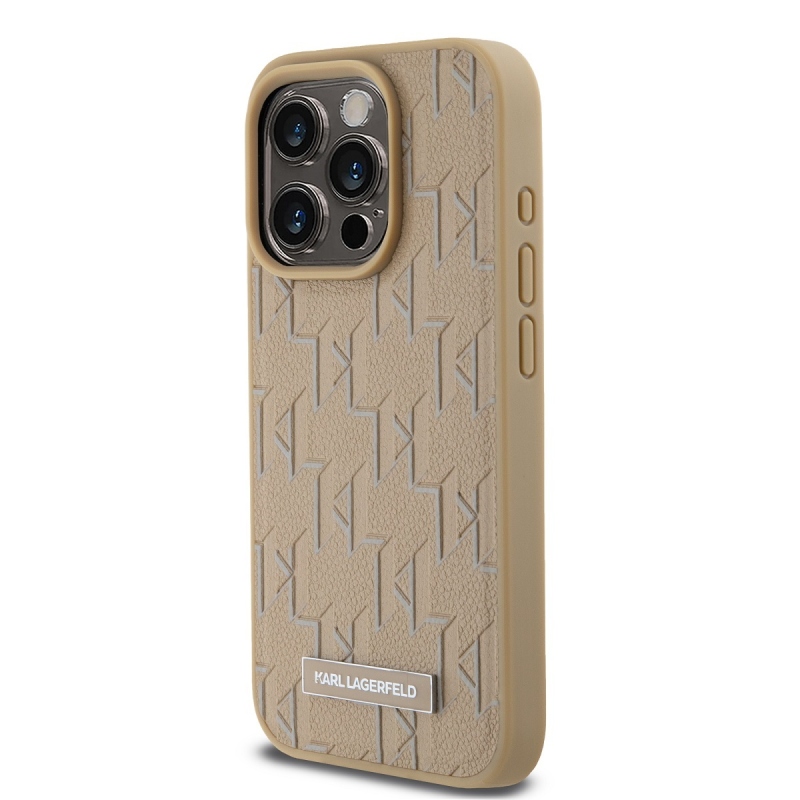 Karl Lagerfeld PU bőr monogram fém logó MagSafe hátlap iPhone 14 Pro Max bézs színű borítóhoz