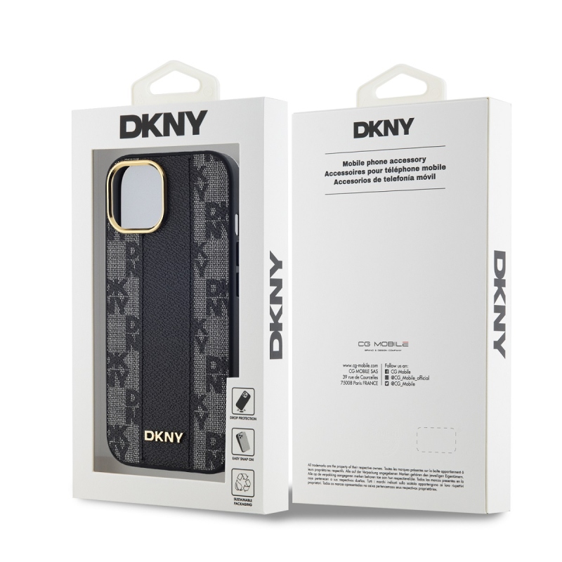 DKNY PU bőr kockás mintás Magsafe hátlap iPhone 15-hez Fekete