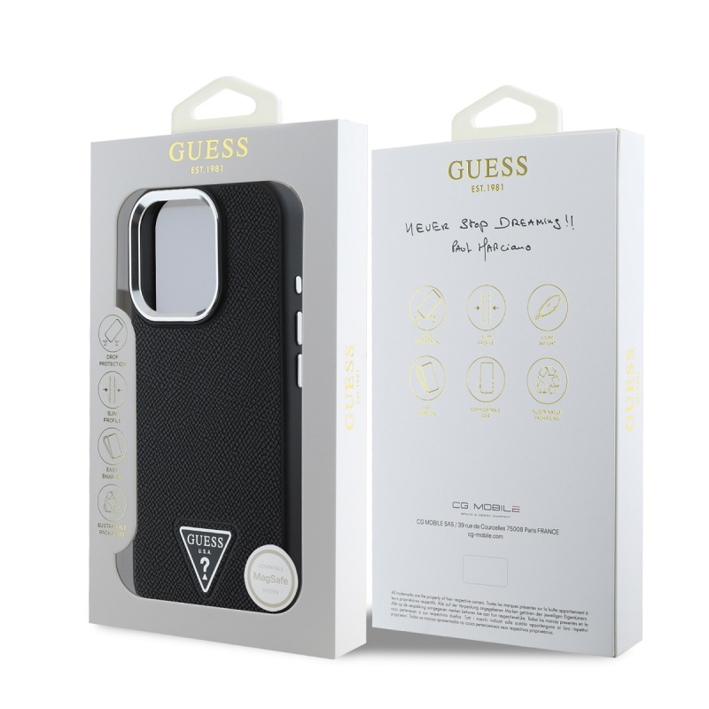 Guess PU szemcsés, háromszög alakú logós hátlap iPhone 16 Pro Max-hoz Fekete