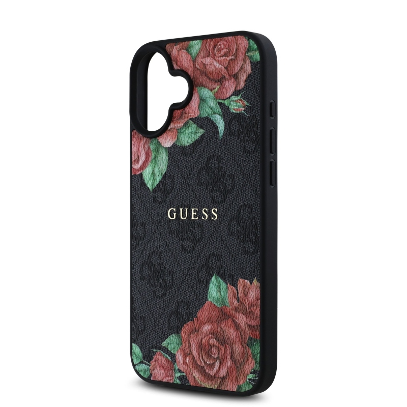 Guess PU bőr 4G rózsák MagSafe hátlap iPhone 16-hoz Fekete