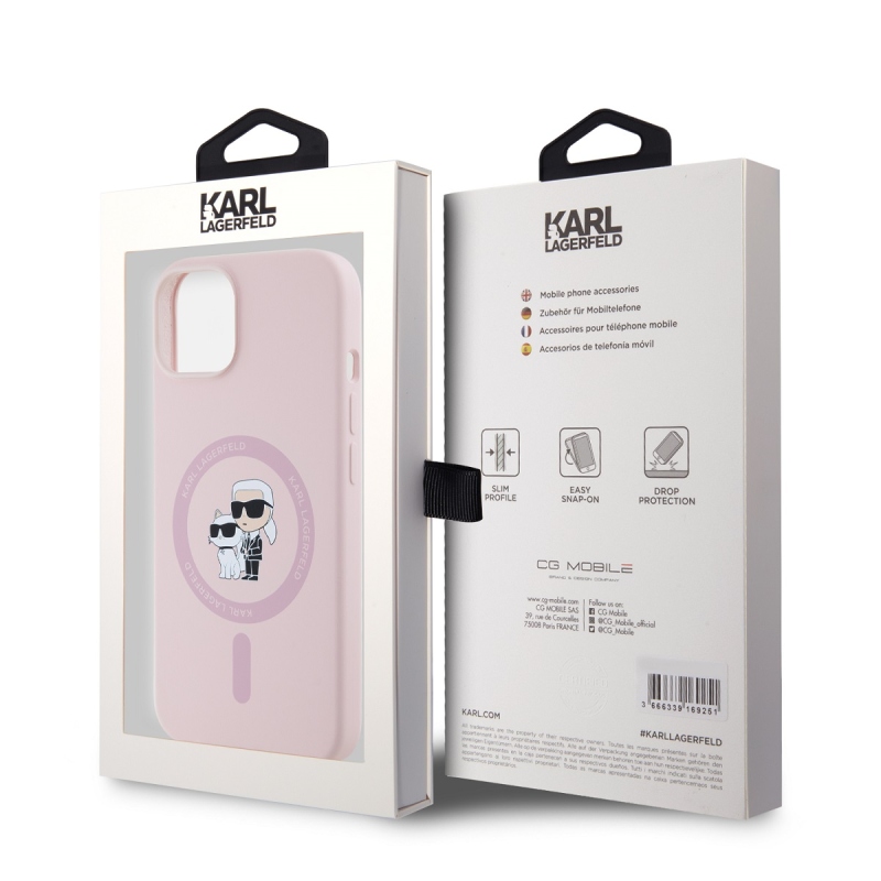 Karl Lagerfeld Folyékony szilikon Karl és Choupette Magsafe hátlap iPhone 14 rózsaszínű készülékhez