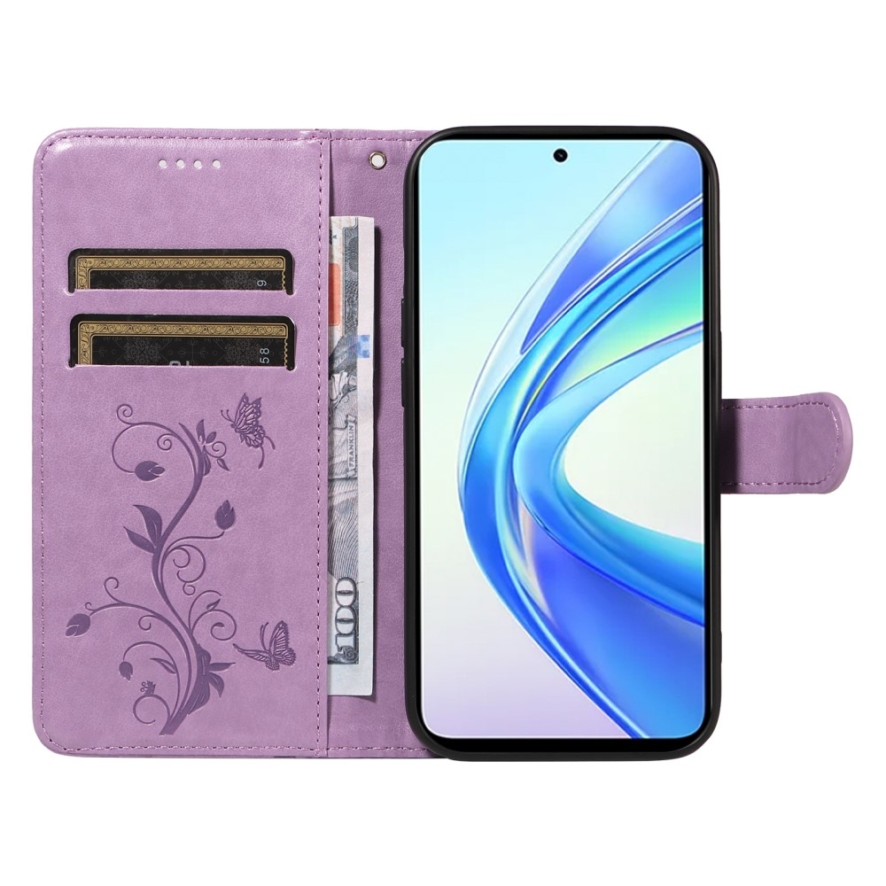 Virágok könyvtáska a Honor X7b/Honor 90 Smart készülékhez - lila