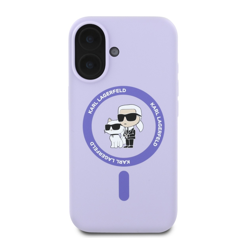 Karl Lagerfeld folyékony szilikon Karl és Choupette MagSafe hátlap iPhone 16 lila iPhone 16-hoz