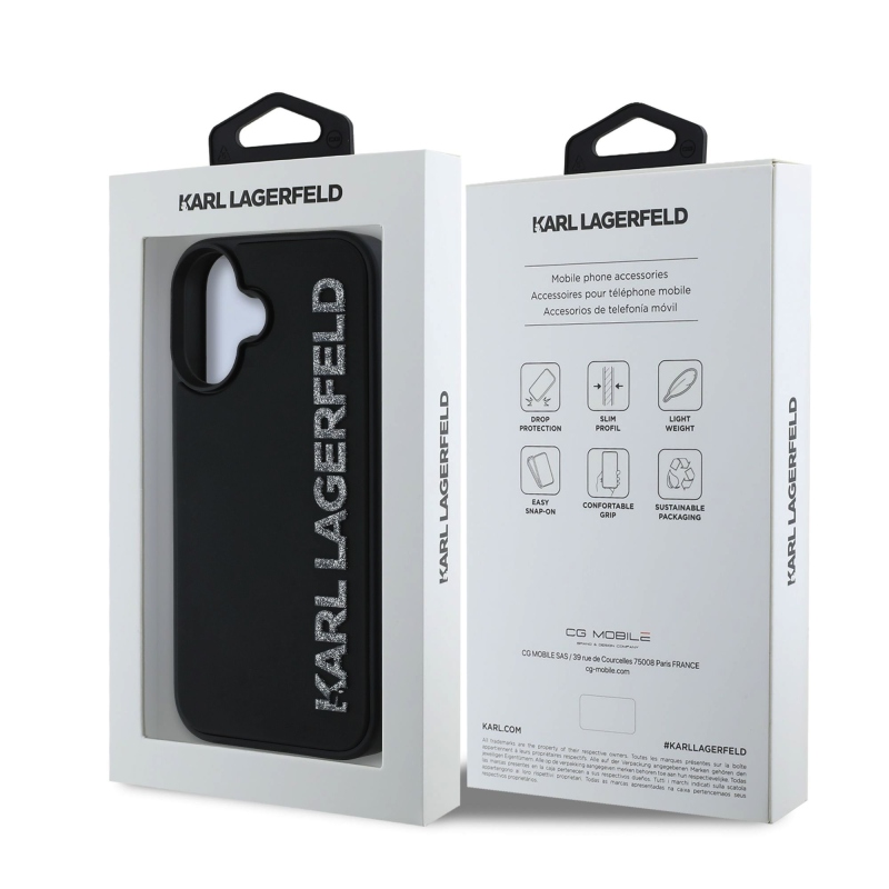 Karl Lagerfeld 3D gumiból készült csillogó logós hátlap iPhone 16-hoz Fekete