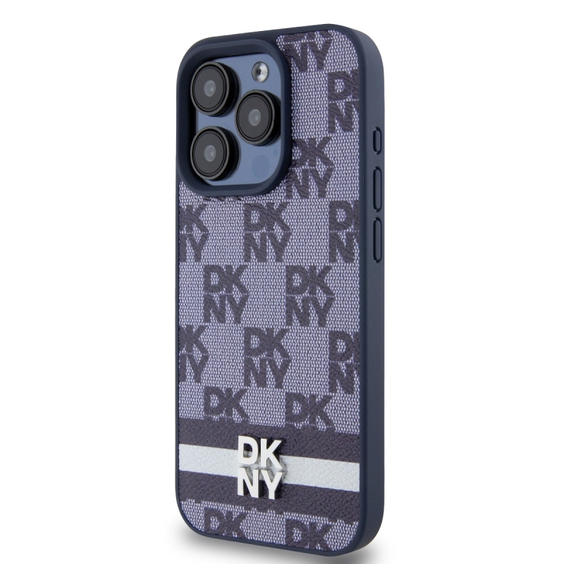 DKNY PU bőr kockás mintás és csíkos hátlapi borító iPhone 15 Pro Max kékhez
