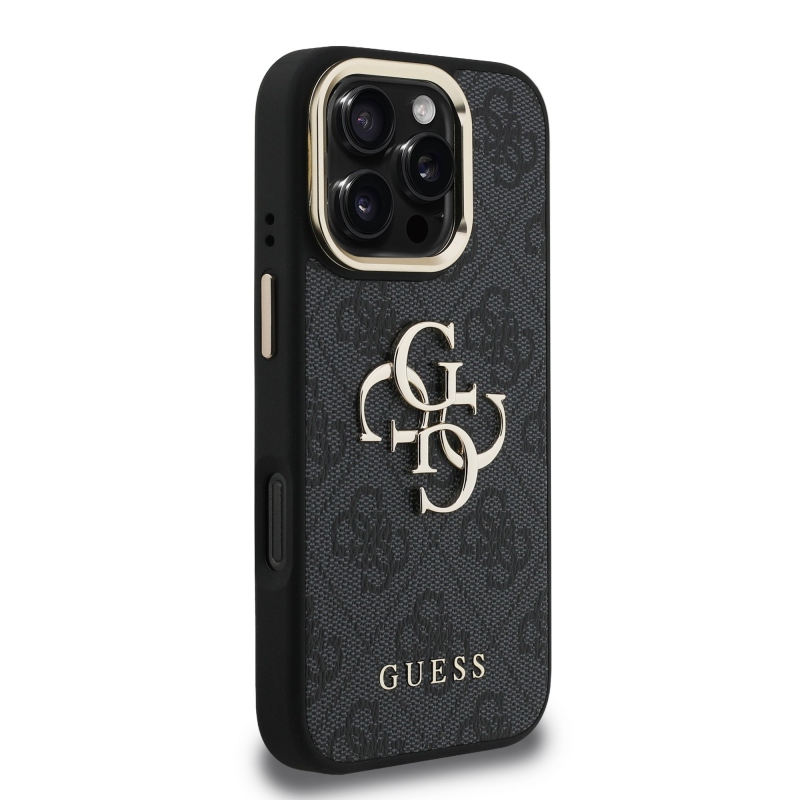 Guess PU 4G fém logó állvány kamera keret hátsó borító iPhone 16 Pro Max-hoz fekete