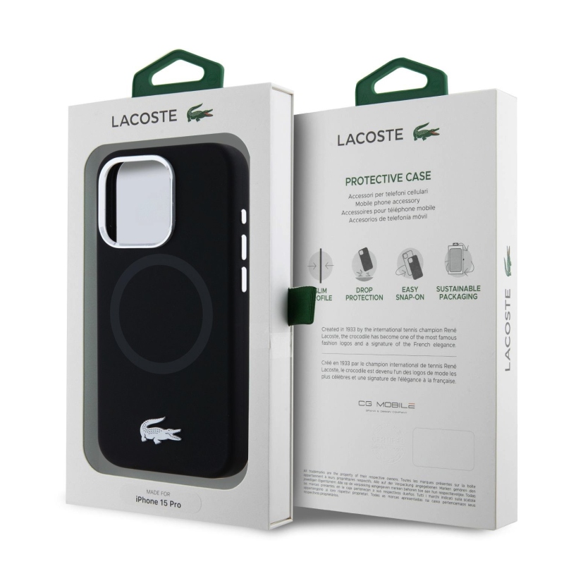 Lacoste Liquid Silicone Microfiber Silver Croc Logo MagSafe hátlap iPhone 15 Pro Fekete
