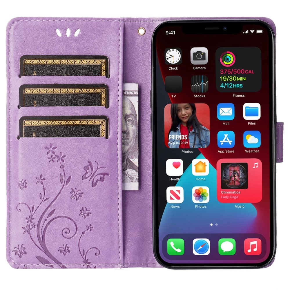 Virágok könyvtáska iPhone 15 Pro készülékhez - világos lila