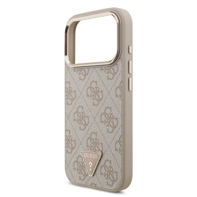 Guess PU bőr 4G Strass háromszög logó arany keret MagSafe hátlap iPhone 17 Pro rózsaszínű borítóhoz