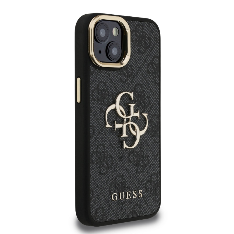 Guess PU 4G fém logó állvány kamera keret hátsó borító iPhone 13-hoz Fekete