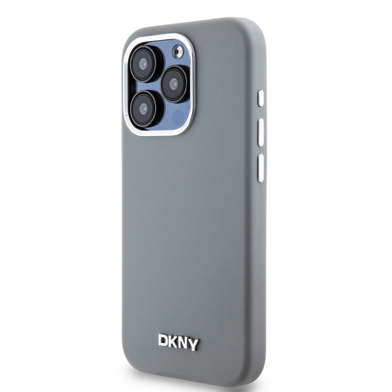 DKNY Liquid szilikon ezüst fém logó Magsafe hátlap iPhone 15 Pro szürke szürkéhez