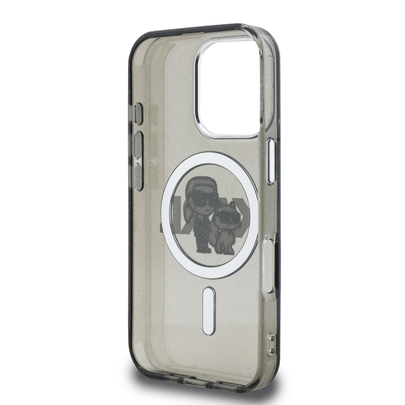 Karl Lagerfeld IML Glitter Karl és Choupette Sketch MagSafe hátlapi borító iPhone 16 Pro-hoz Fekete