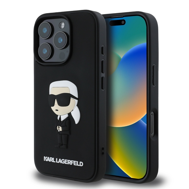 Karl Lagerfeld 3D gumi Ikonik hátlap iPhone 16 Pro Max készülékhez Fekete
