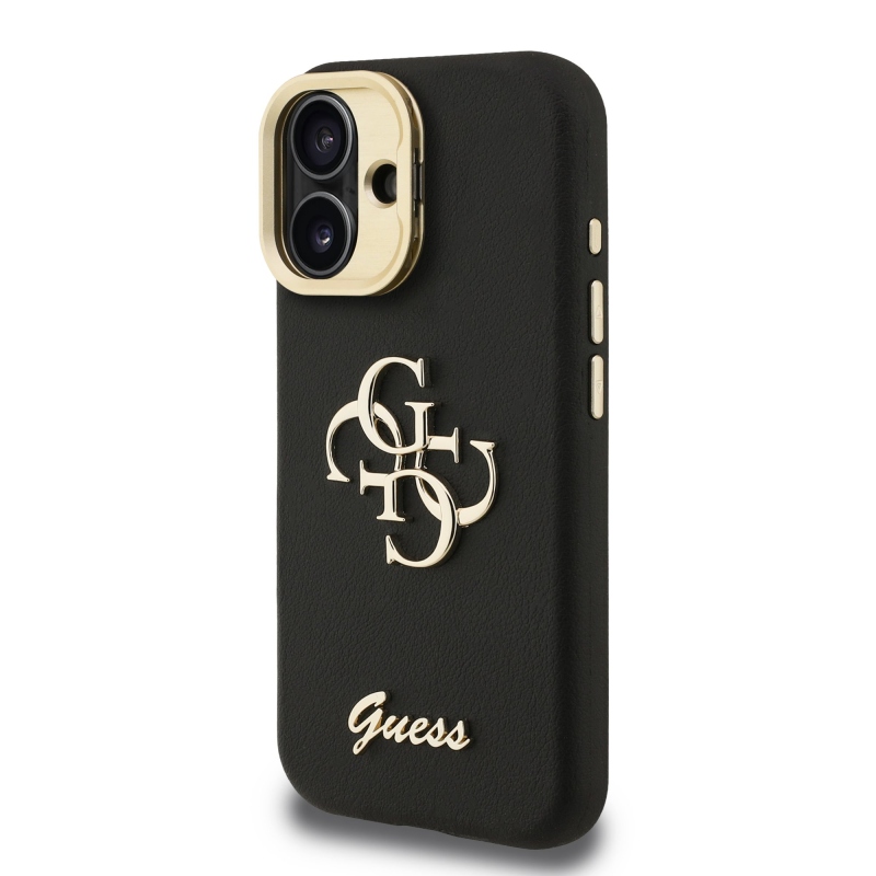 Guess PU szemcsés 4G Logo Stand Kamera keret hátlapi borító iPhone 16-hoz Fekete