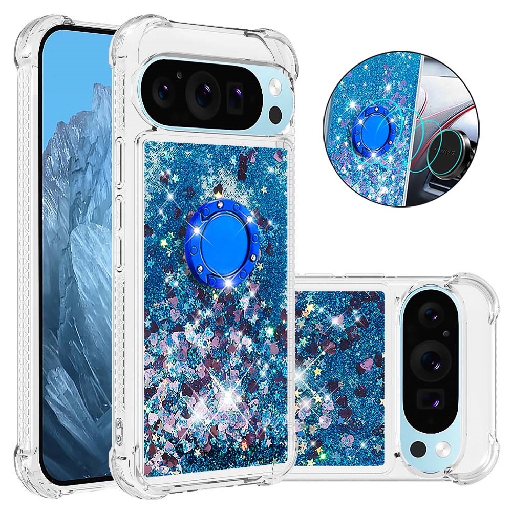 Glitt homokóra zselés tok ujjgyűrűvel a Google Pixel 10 számára - kék/szív