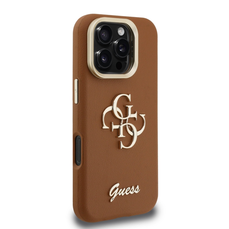 Guess PU szemcsés 4G logós állvány kamerakeret hátlap iPhone 16 Pro Max-hoz barna barna