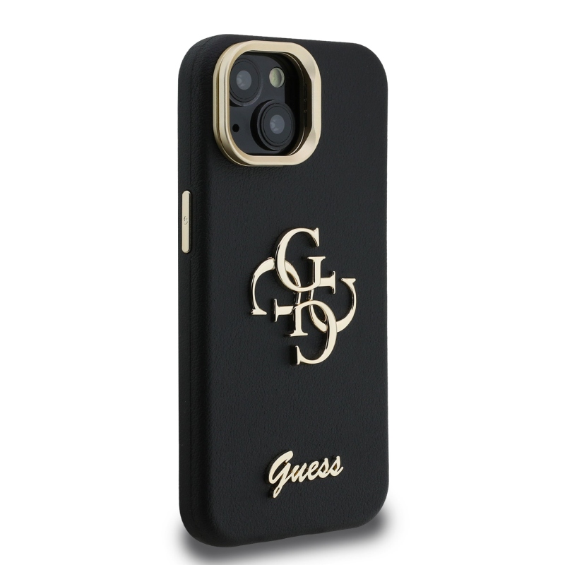 Guess PU szemcsés 4G Logo Stand Kamera keret hátlapi borító iPhone 13-hoz Fekete