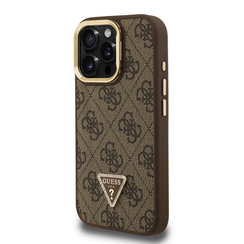 Guess PU 4G Strass háromszög logó állvány kamerakeret MagSafe hátlapi borító iPhone 16 Pro barna színűhöz