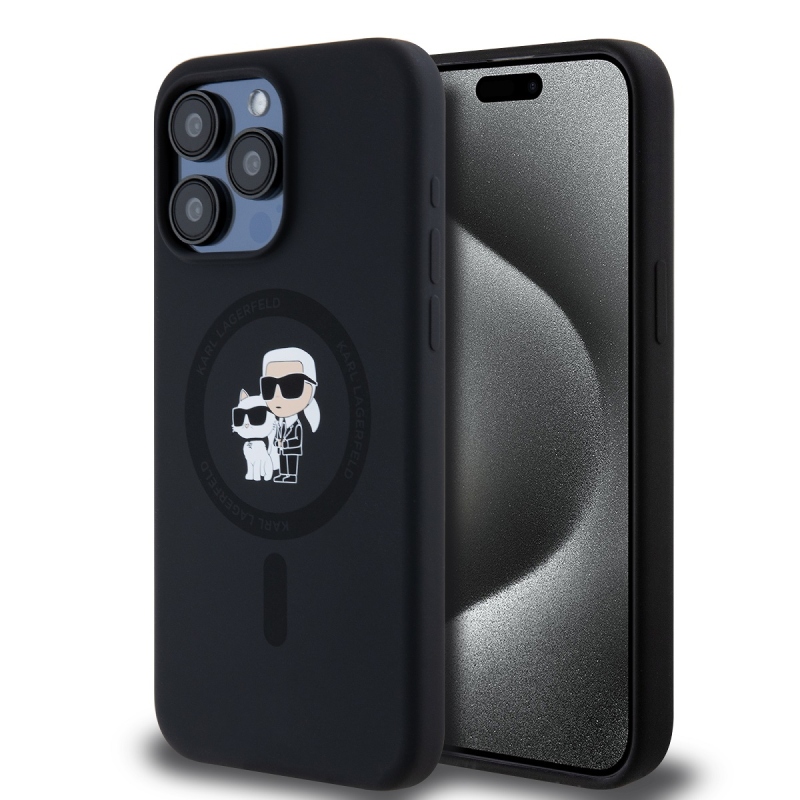 Karl Lagerfeld Folyékony szilikon Karl és Choupette Magsafe hátlap iPhone 15 Pro Max-hoz Fekete