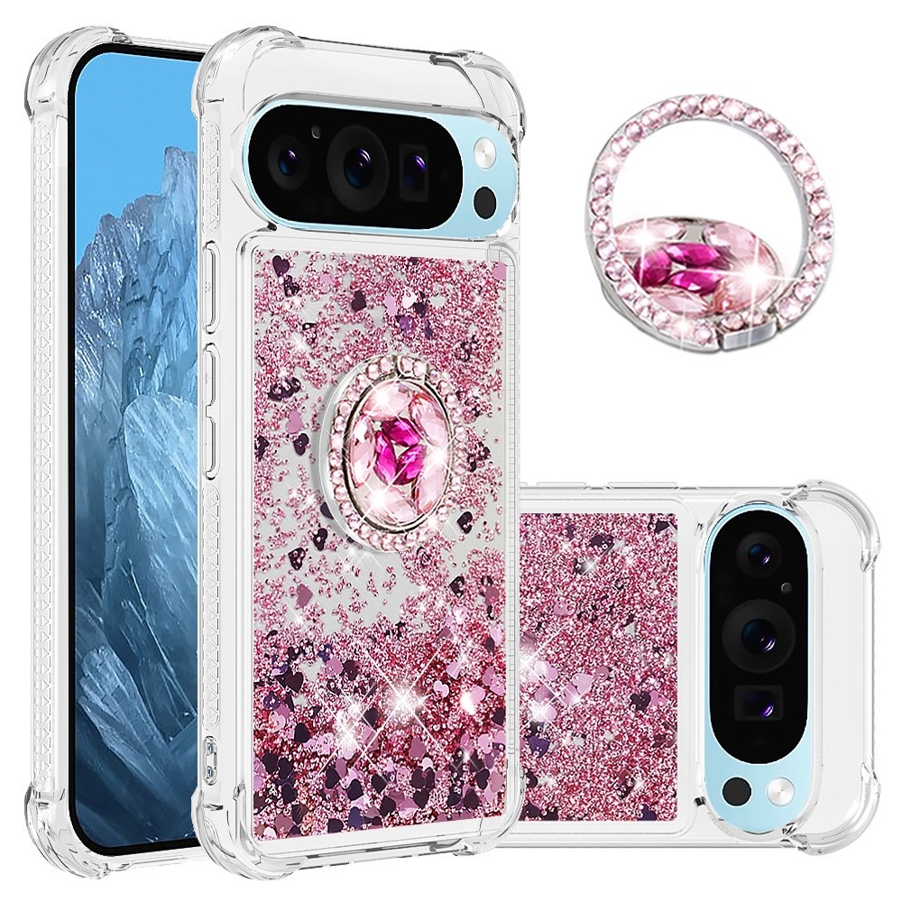 Glitt homokóra zselés tok ujjgyűrűvel a Google Pixel 10 számára - rózsaarany/szív