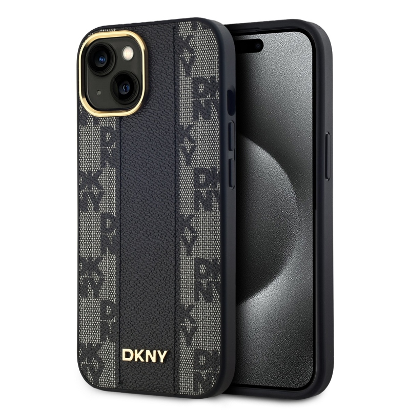 DKNY PU bőr kockás mintás Magsafe hátlap iPhone 15-hez Fekete
