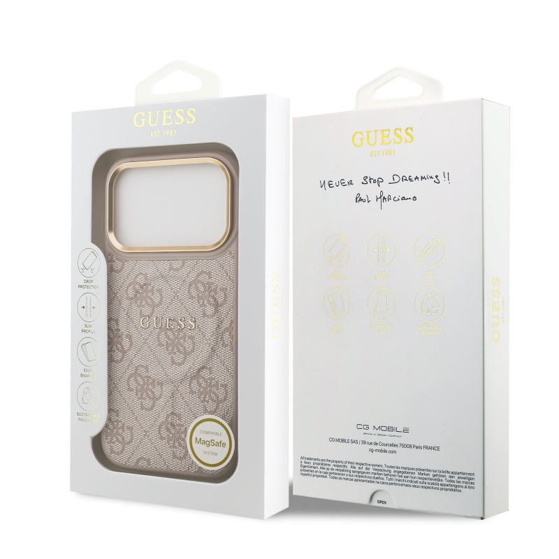 Guess PU bőr 4G aranykeret MagSafe hátlap iPhone 17 Pro rózsaszínű borítóhoz