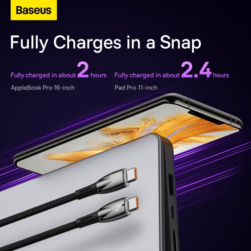 Baseus Glimmer sorozatú gyors töltő adatkábel USB-C - USB-C 100W 1m Fekete