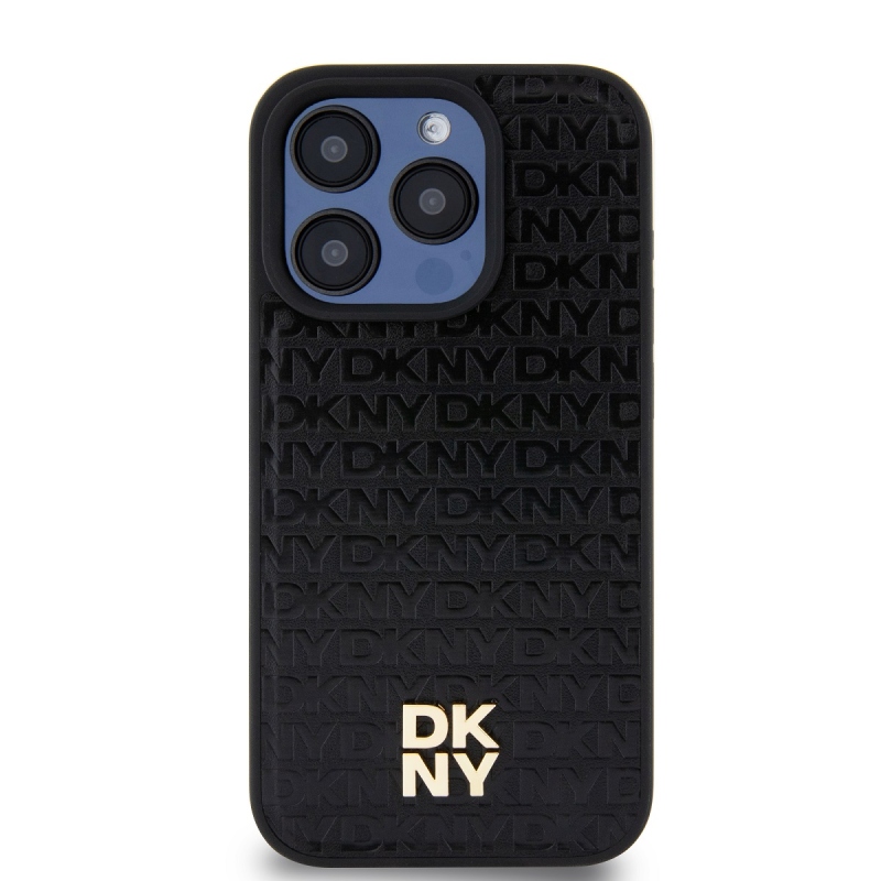 DKNY PU bőr Ismétlődő mintás Stack Logo Magsafe hátlap iPhone 14 Pro Fekete