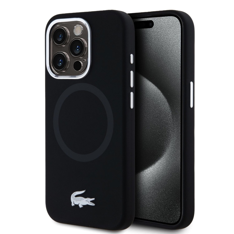 Lacoste Liquid Silicone Microfiber Silver Croc Logo MagSafe hátlap iPhone 15 Pro Fekete