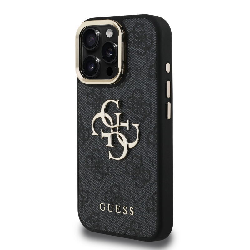 Guess PU 4G fém logó állvány kamera keret hátsó borító iPhone 16 Pro Max-hoz fekete