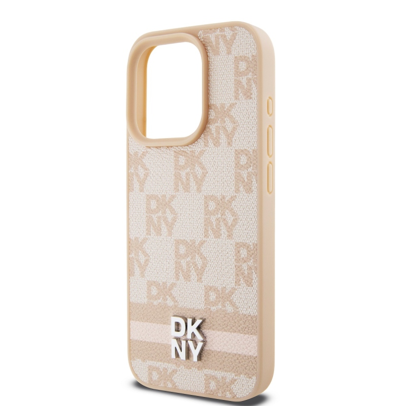 DKNY PU bőr kockás mintás és csíkos hátlapi borító iPhone 13 Pro Max rózsaszínhez