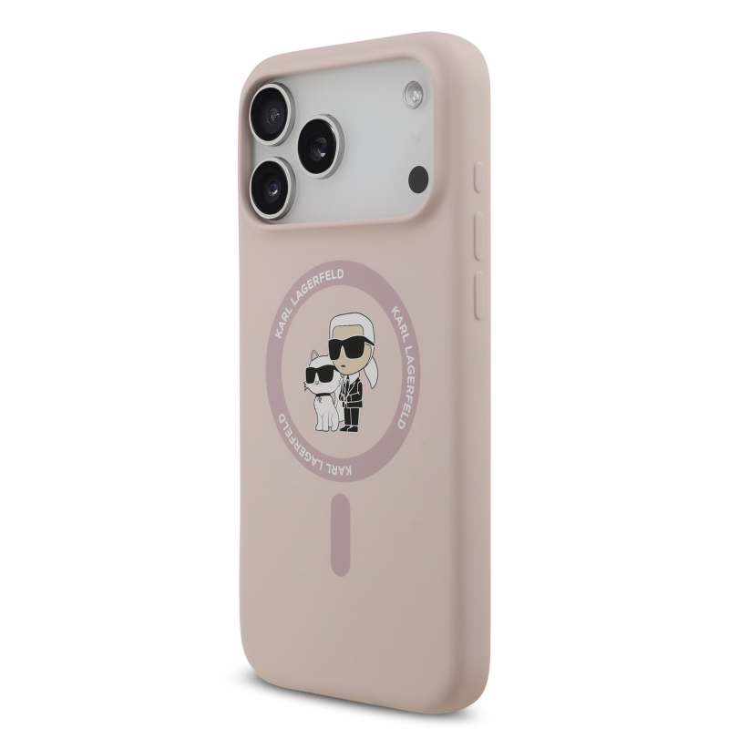 Karl Lagerfeld folyékony szilikon Karl és Choupette MagSafe hátlapi borító iPhone 17 Pro Max rózsaszínhez