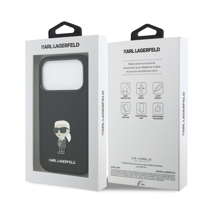 Karl Lagerfeld Folyékony szilikon fém Ikonik hátlap iPhone 17 Pro Fekete