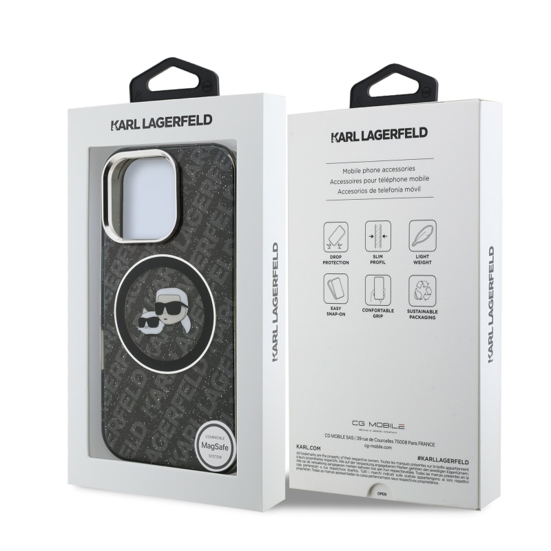 Karl Lagerfeld IML K&CH Heads Ismételt logó MagSafe hátlapi borító iPhone 16 Pro-hoz Fekete
