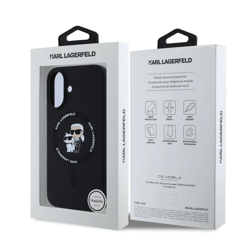 Karl Lagerfeld Folyékony szilikon Karl és Choupette MagSafe hátlap iPhone 16-hoz Fekete