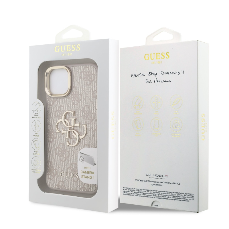 Guess PU 4G fém logó állvány kamera keret hátlap iPhone 15 rózsaszín