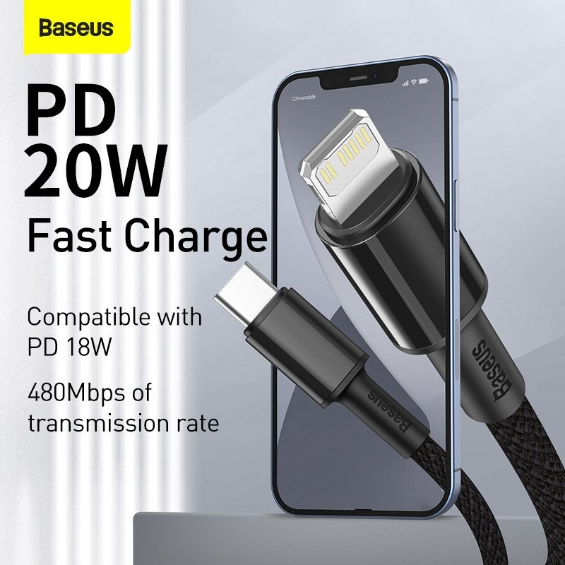 Baseus High Density Braided Series gyors töltő kábel USB-C - világítás 20W 1m fekete