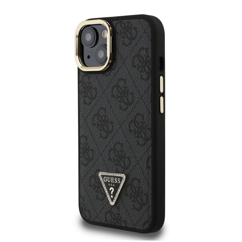 Guess PU 4G Strass háromszög logó állvány kamerakeret MagSafe hátlapi borító iPhone 15 Fekete