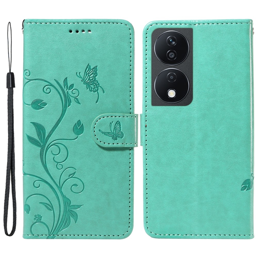 Virágok könyvtáska a Honor X7b/Honor 90 Smart készülékhez - teáskék színű