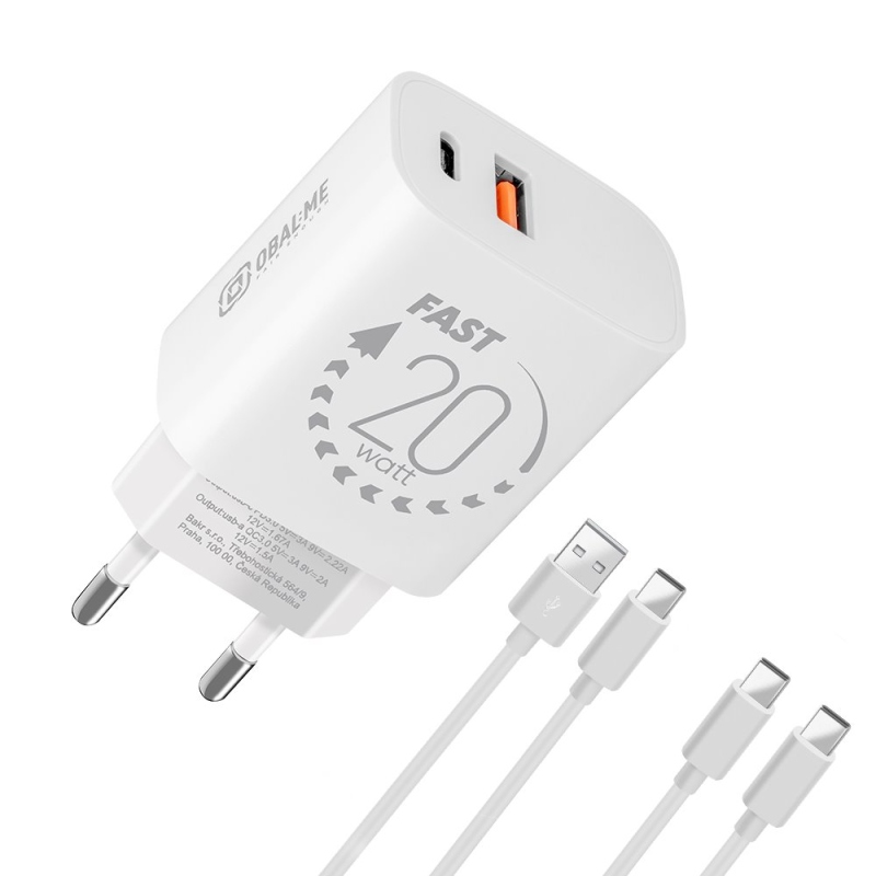 Csomag:ME utazási töltő USB-A + USB-C 20W + 2x kábel 1m Fehér