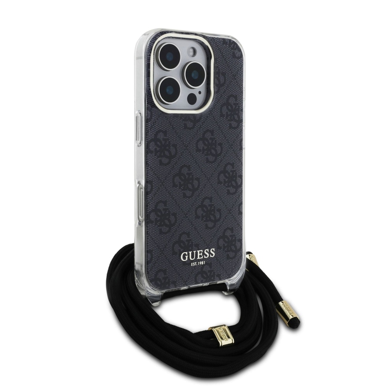 Guess IML 4G nyomtatott keresztpántos hátlap iPhone 16 Pro Max-hoz Fekete