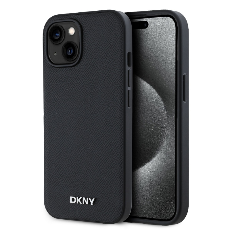 DKNY PU bőr ezüst fém logó Magsafe hátlap iPhone 13-hoz Fekete