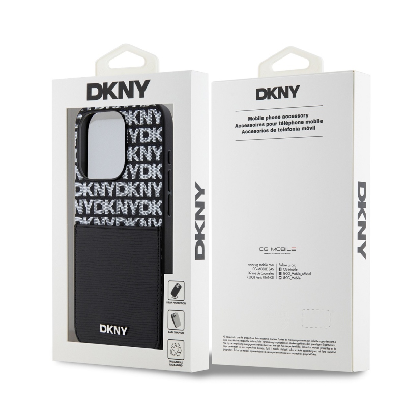 DKNY PU bőr Ismétlődő mintás kártya zseb hátsó borító iPhone 14 Pro Fekete