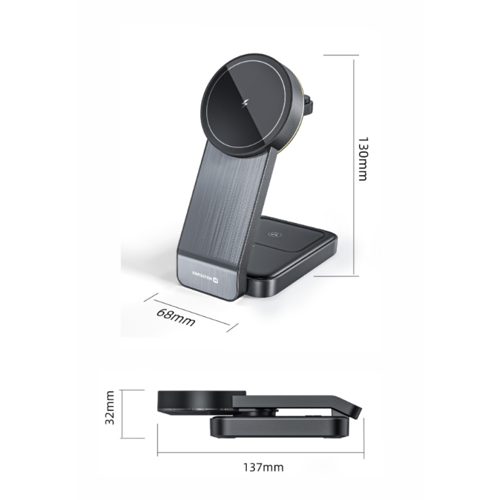 Swissten MagFold 3in1 25W összecsukható vezeték nélküli töltő (MagSafe kompatibilis) - Fekete