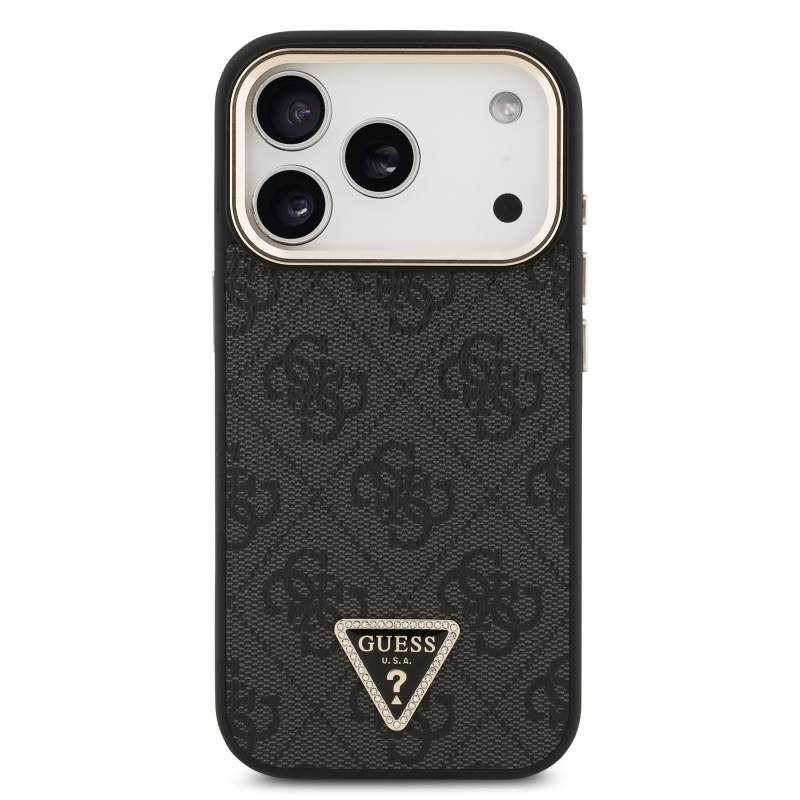 Guess PU bőr 4G Strass háromszög logó arany keret MagSafe hátlap iPhone 17 Pro Fekete fekete