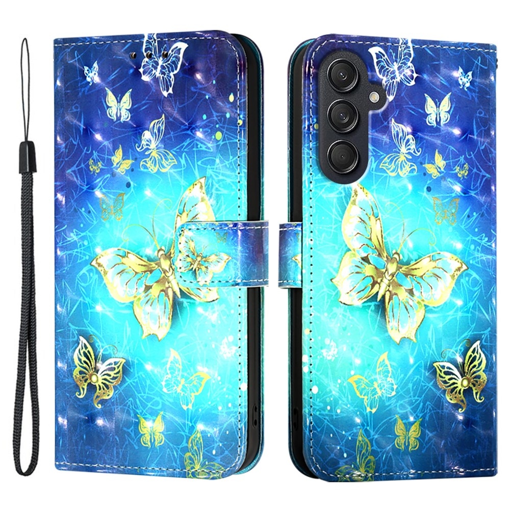 Patte könyv tok Samsung Galaxy M55 5G - kék és arany pillangókhoz