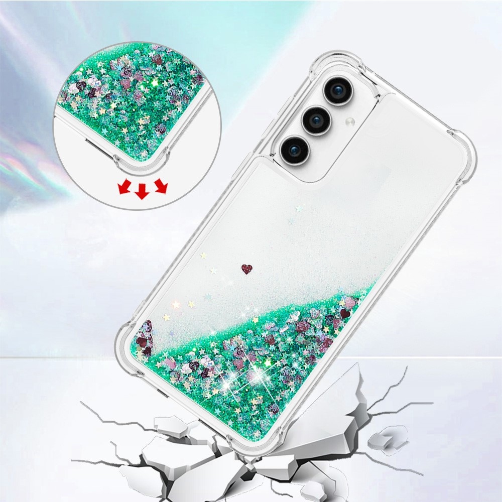 Glitter zselés homokóra hüvely Samsung Galaxy S23 FE készülékhez - zöld/szívek