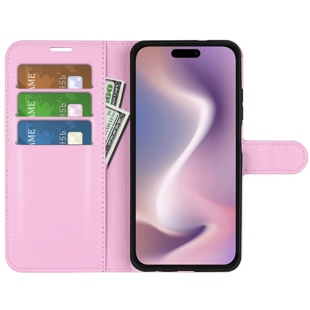 Litchi könyvtáska iPhone 16 Plus készülékhez - rózsaszín